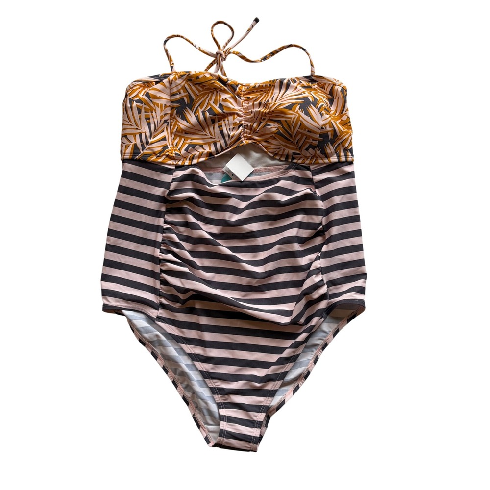 Motherhood Maternity Beach Bump One Piece Swimsuit Striped Tropical Pink Large